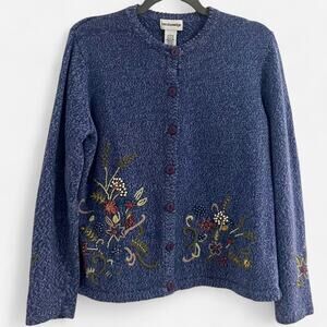 Vintage 1990s Breckenridge Floral Embroidered + Embellished Blue Marled Sweater